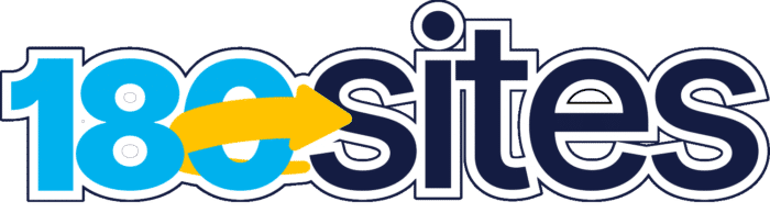 Logo for 180sites, featuring the text "180sites" in blue and navy, with a yellow arrow replacing the zero in "180," suggesting growth and direction.