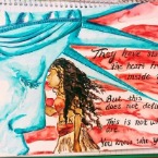 Watercolor painting of the Statue of Liberty and a woman, with the text "They have stolen the heart from inside". This art piece evokes themes of Reviews.