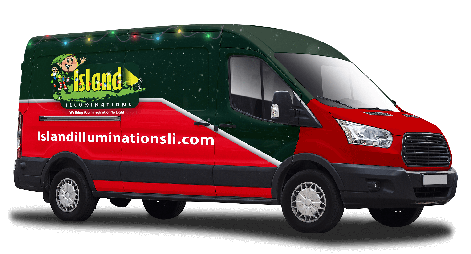 Island Illuminations van, decorated for Christmas Lighting, with logo and website Islandilluminationsli.com. Red and green design with festive holiday lights.