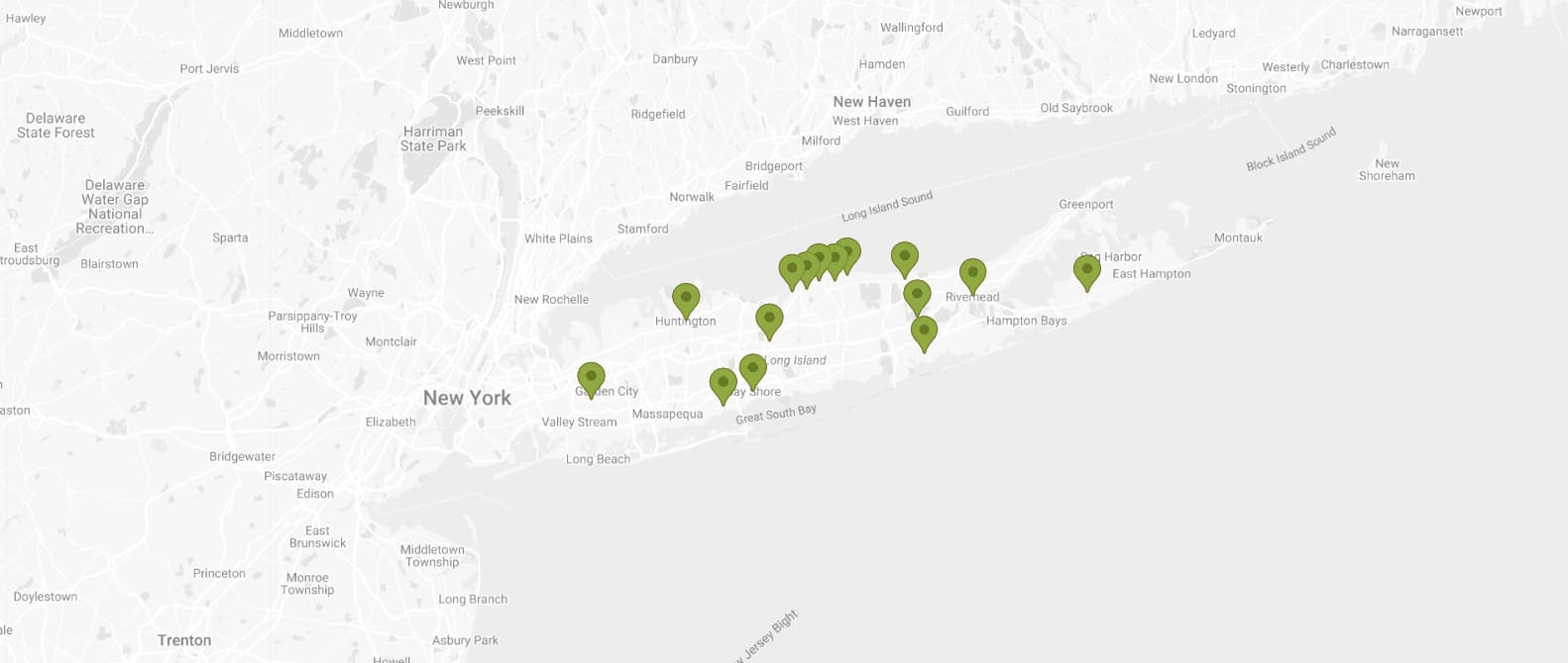 Map of Long Island, NY, pinpointing locations for Christmas lighting services, stretching from Huntington to the Hamptons. The map also shows nearby areas like New Haven, CT, and New York City.