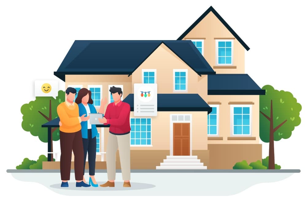 A family discusses Christmas lighting options with a contractor in front of their two-story home. A digital display shows string lights, suggesting holiday decorations.