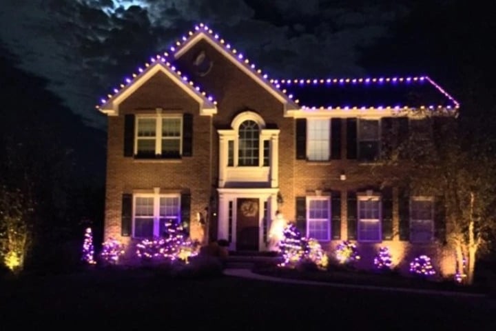 A brick home is illuminated with purple and white Christmas lighting. The roofline is outlined with purple lights, and the bushes in the front yard are similarly decorated, creating a festive holiday scene.