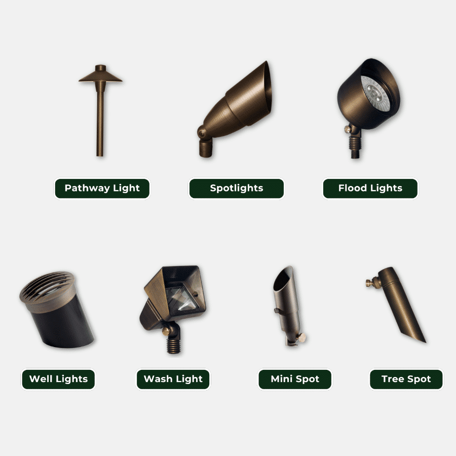 Selection of landscape lighting options, including pathway lights, spotlights, flood lights, well lights, wash lights, mini spots, and tree spots. Bronze finish. #LandscapeLighting