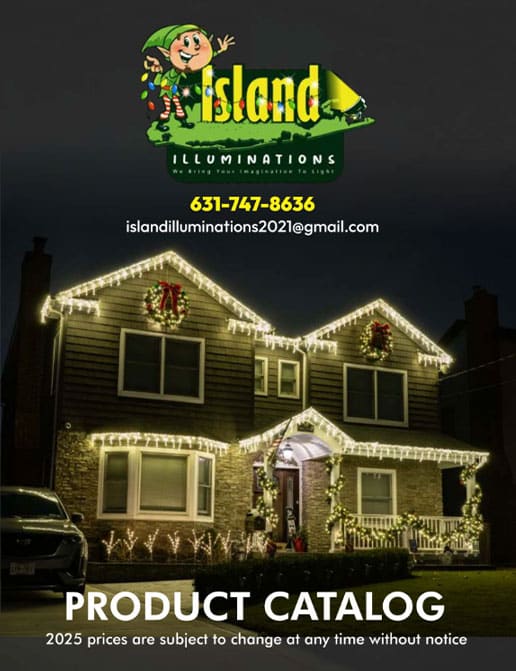 House decorated with Christmas lighting, wreaths, and icicle lights. Island Illuminations logo. Product catalog.