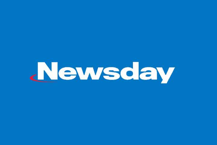 Newsday logo on a solid blue background, featuring the word "Newsday" in white with a red curved underline beneath the "N.